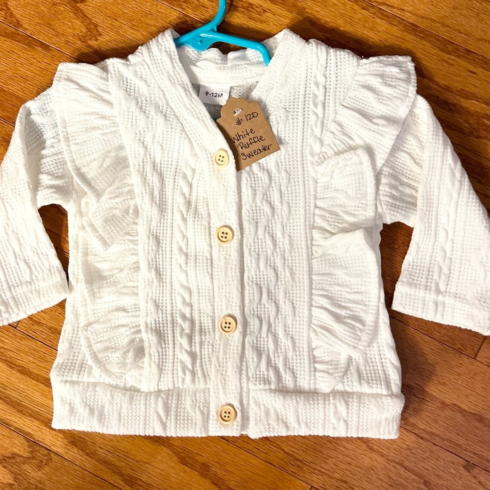 NWT Girls Size 9 - 12 Months White Ruffled Sweater! Just Precious